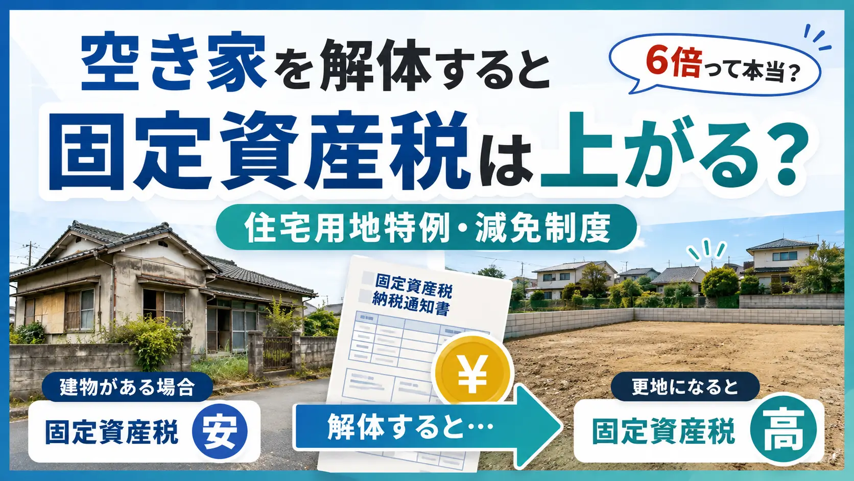 空き家を解体した場合の固定資産税と住宅用地特例の変化を比較したアイキャッチ画像