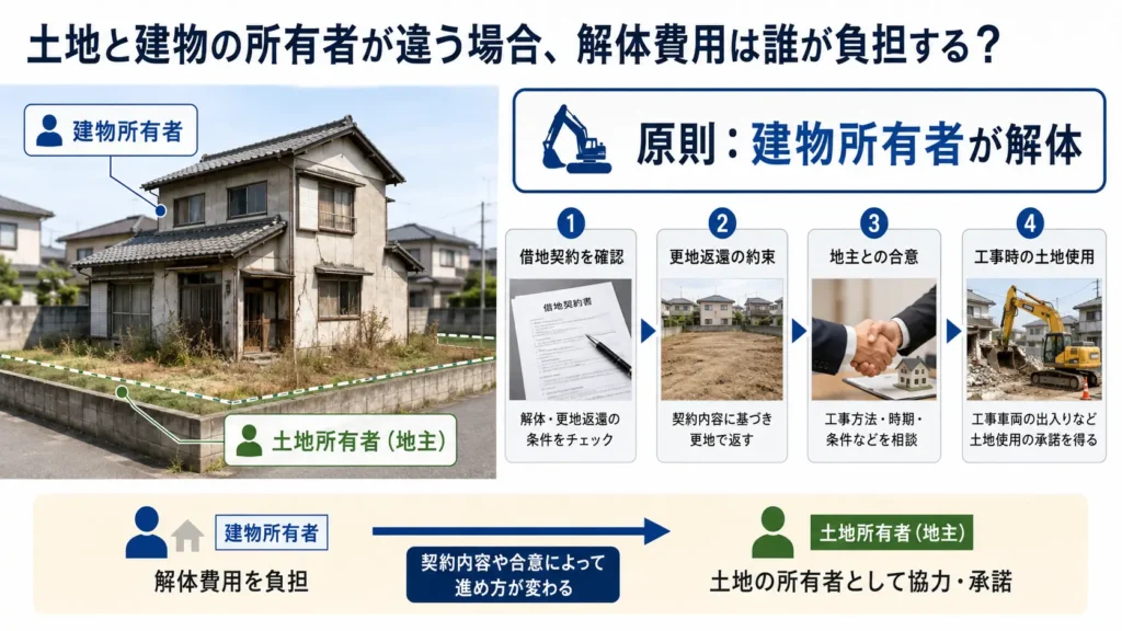 土地と建物の所有者が異なる場合の空き家解体費用と、借地契約や地主との合意を確認する流れを示した図解