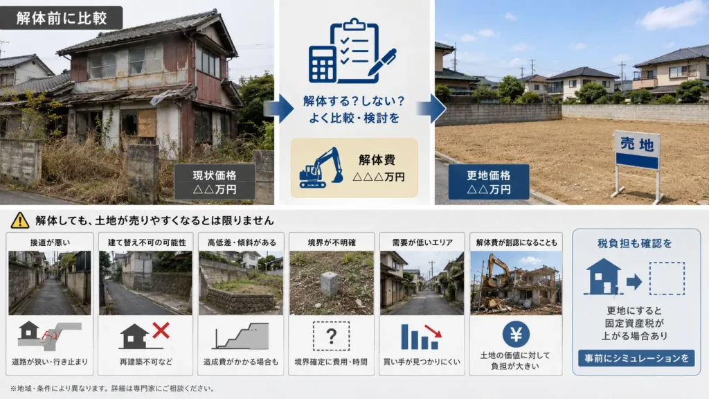 空き家を解体して土地を売却する際の比較ポイントと注意点を示した図解