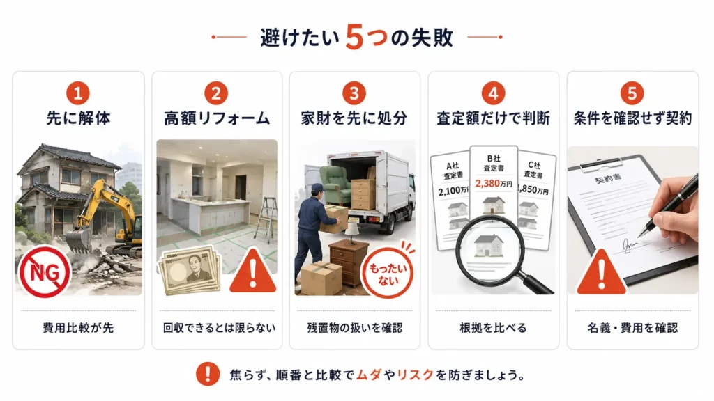 空き家処分で避けたい5つの失敗を、解体・リフォーム・家財処分・査定比較・契約確認の観点から示した図解