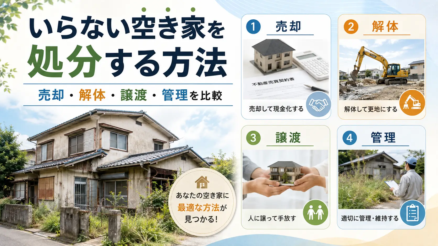 いらない空き家の処分方法として、売却・解体・譲渡・管理の選択肢を比較したアイキャッチ画像