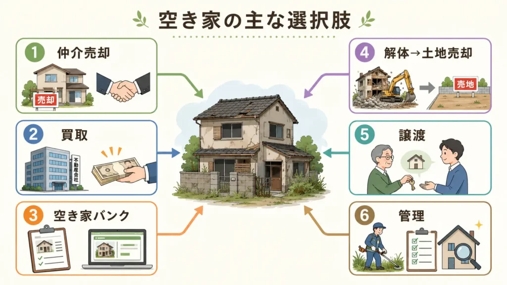 空き家の仲介売却・買取・空き家バンク・解体・譲渡・管理の6つの選択肢