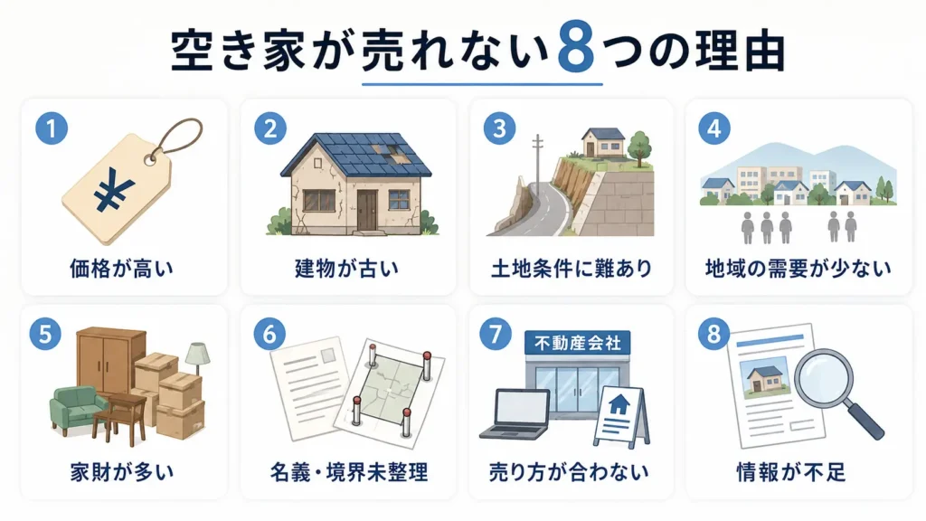 空き家が売れない8つの理由を価格・老朽化・土地条件・需要・家財・名義・売り方・情報不足に分けた図解