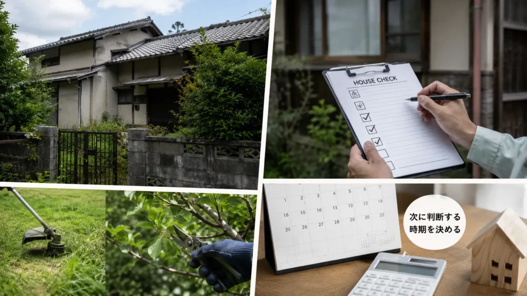 空き家の点検や草刈りを続けながら次の判断時期を決める管理イメージ
