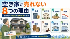 空き家が売れない8つの理由を、老朽化した家と価格・土地条件・需要などの項目で示したアイキャッチ画像