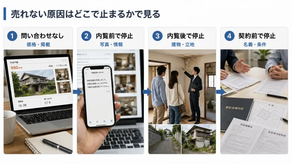 空き家売却が問い合わせ・内覧・申し込み・契約のどの段階で止まっているかを示した図解