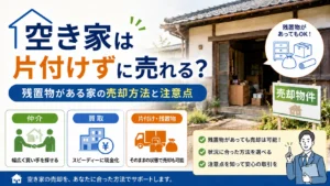 残置物がある空き家を片付けずに売却する方法と仲介・買取の選択肢を示したアイキャッチ画像