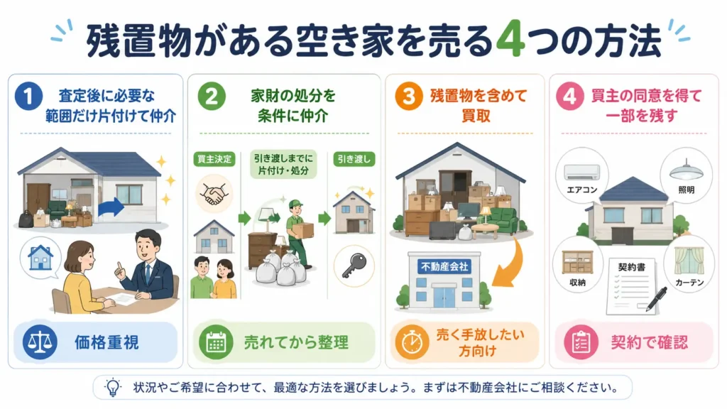 残置物がある空き家を仲介・買取などで売却する4つの方法を比較した図解ある空き家を仲介・買取などで売却する4つの方法を比較した図解