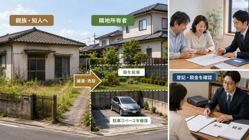 空き家を親族や隣地所有者へ譲渡し、庭や駐車場として活用するイメージ