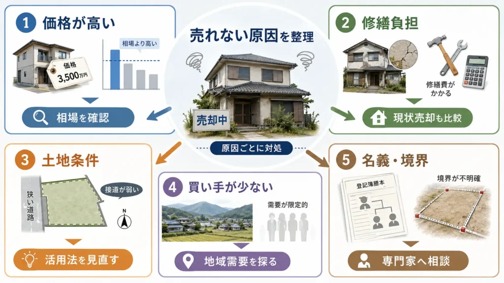 空き家が売れない主な原因と対処法を価格、修繕、土地条件、需要、名義の観点から示した図解