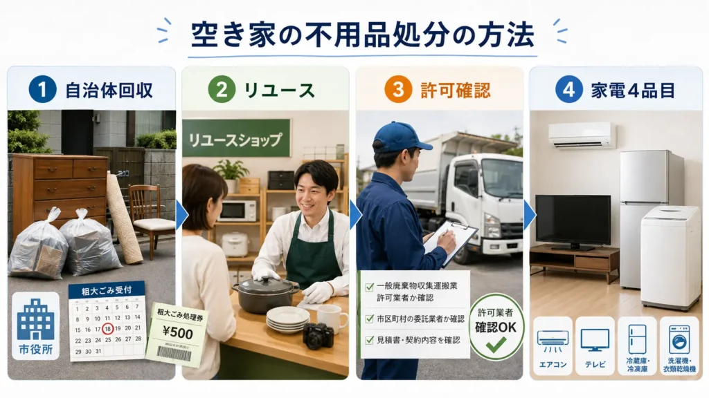 空き家の不用品を自治体回収・リユース・許可業者・家電リサイクルで処分する方法を示した図解
