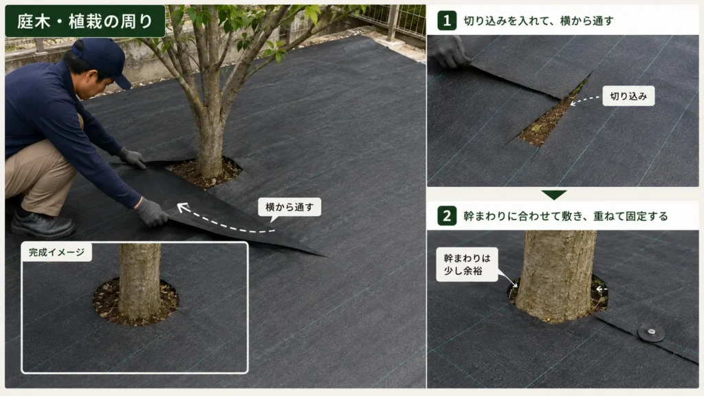 庭木の周りに切り込みを入れた防草シートを敷き、固定して施工する手順を示した画像