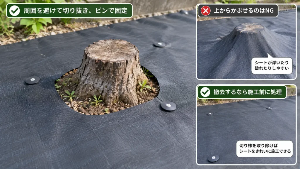 切り株を避けて防草シートを施工する方法と、上から覆わず必要に応じて事前撤去する考え方を示した画像