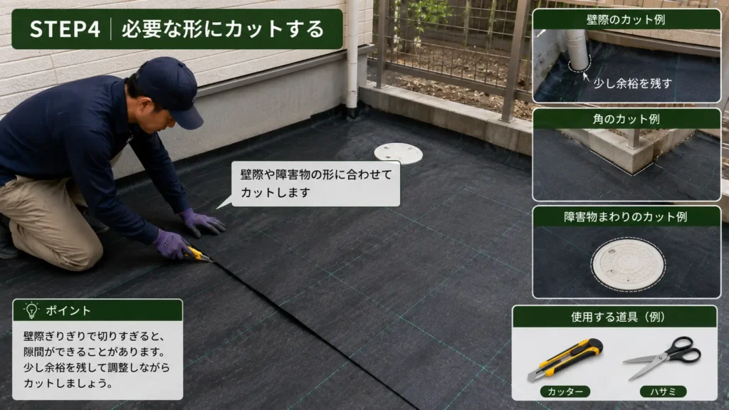 防草シートを壁際や障害物の形に合わせてカットするSTEP4の画像