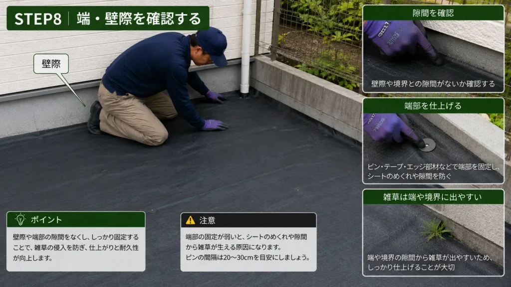 防草シートの端や壁際に隙間がないか確認し、ピンやテープで仕上げるSTEP8の画像