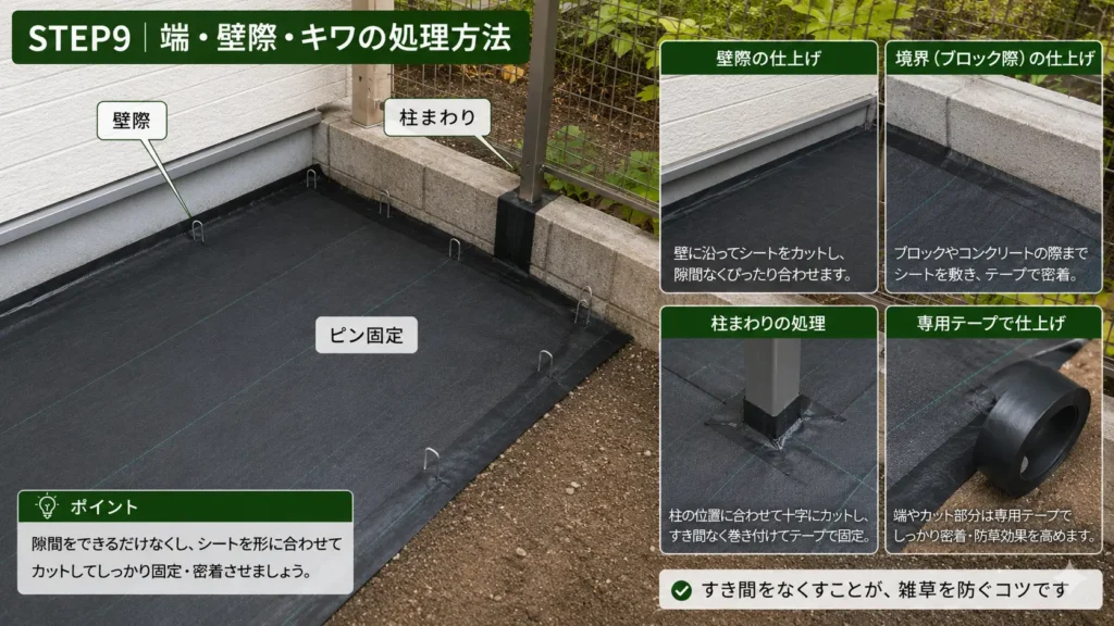 防草シートの端・壁際・フェンス柱まわりをピンや専用テープで仕上げる方法を示した画像