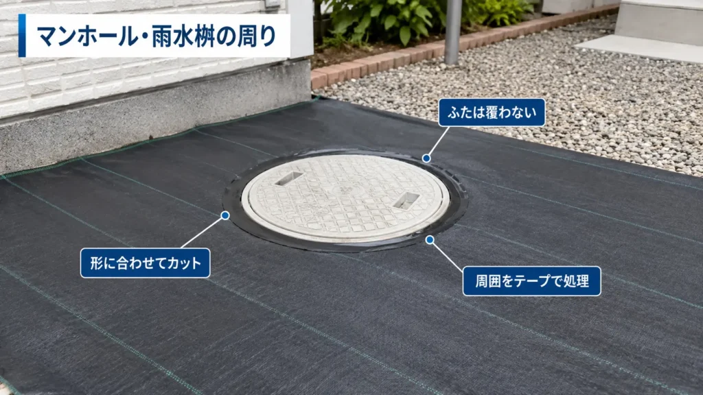 マンホールや雨水桝のふたに合わせて防草シートを切り、周囲をテープで処理した施工例