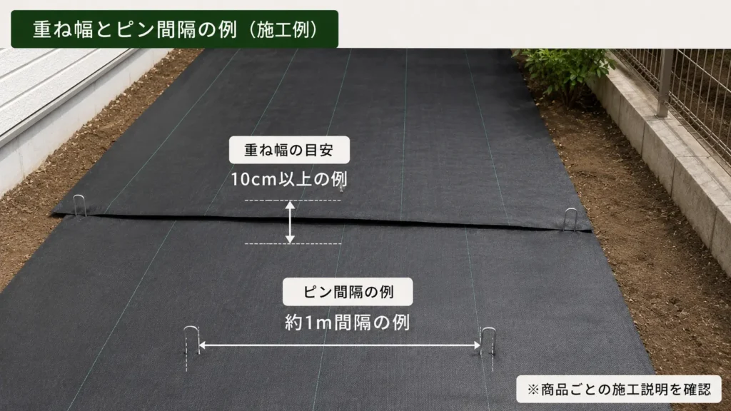 防草シートの重ね幅10cm以上と固定ピン約1m間隔の施工例を示した画像