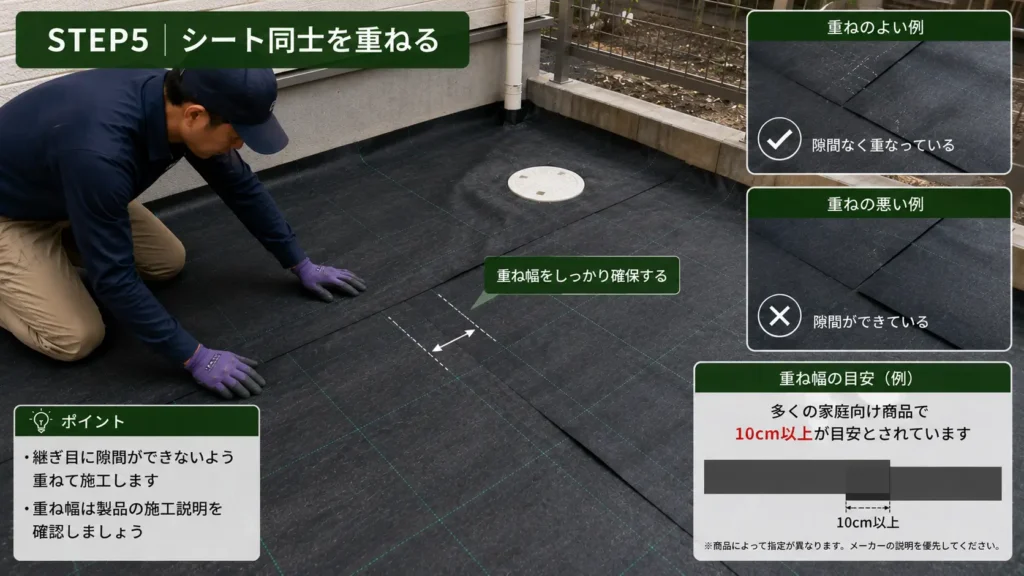 防草シート同士を重ねて継ぎ目に隙間ができないよう施工するSTEP5の画像