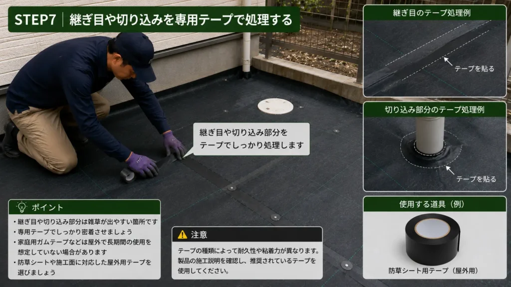 防草シートの継ぎ目や切り込み部分を専用テープで処理するSTEP7の画像