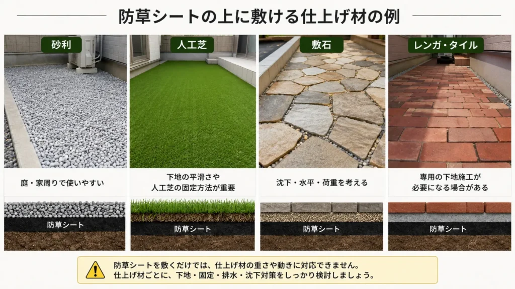 防草シートの上に敷く砂利・人工芝・敷石・レンガやタイルの違いを比較した画像