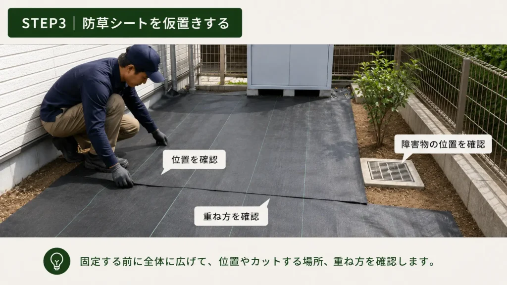 防草シートを固定前に仮置きし、位置や重ね方、障害物との位置関係を確認するSTEP3の画像