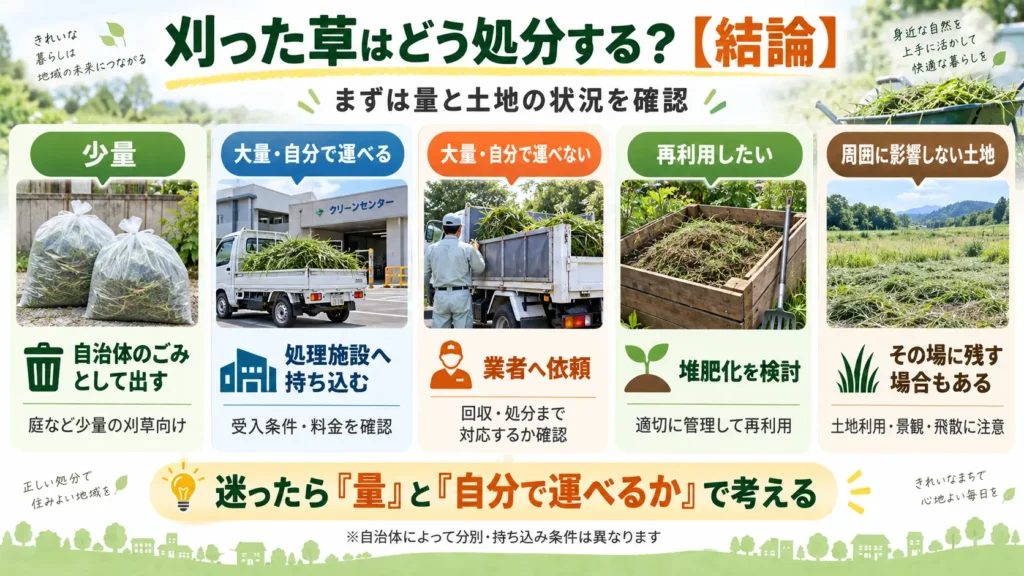 刈った草の処分方法を、少量・大量・再利用などのケース別に分かりやすくまとめた画像