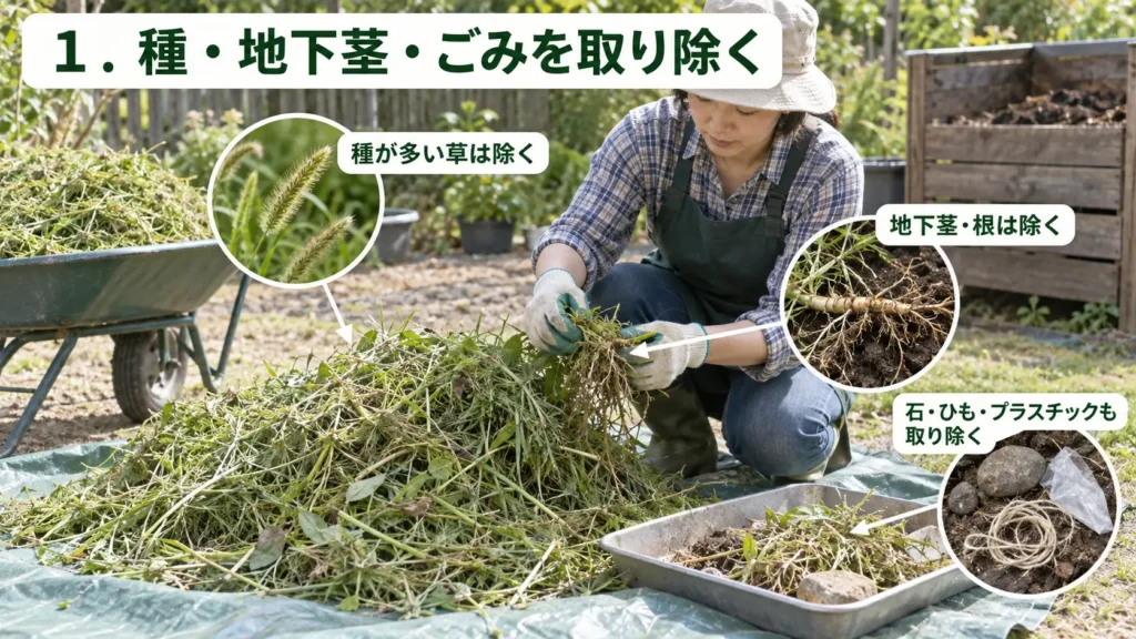 刈った草を堆肥にする前に、種の多い草や地下茎、石・ひも・プラスチックなどのごみを取り除く様子を示した画像