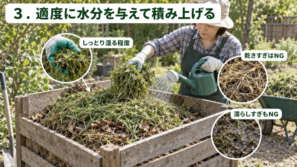 刈った草を積み上げながら適度に水分を与え、乾かしすぎや濡らしすぎを避けるポイントを示した画像