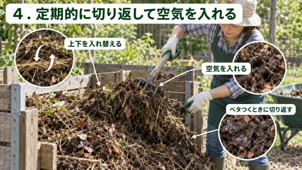 堆肥の上下を入れ替えるように切り返して、空気を入れながら分解を進める様子を示した画像