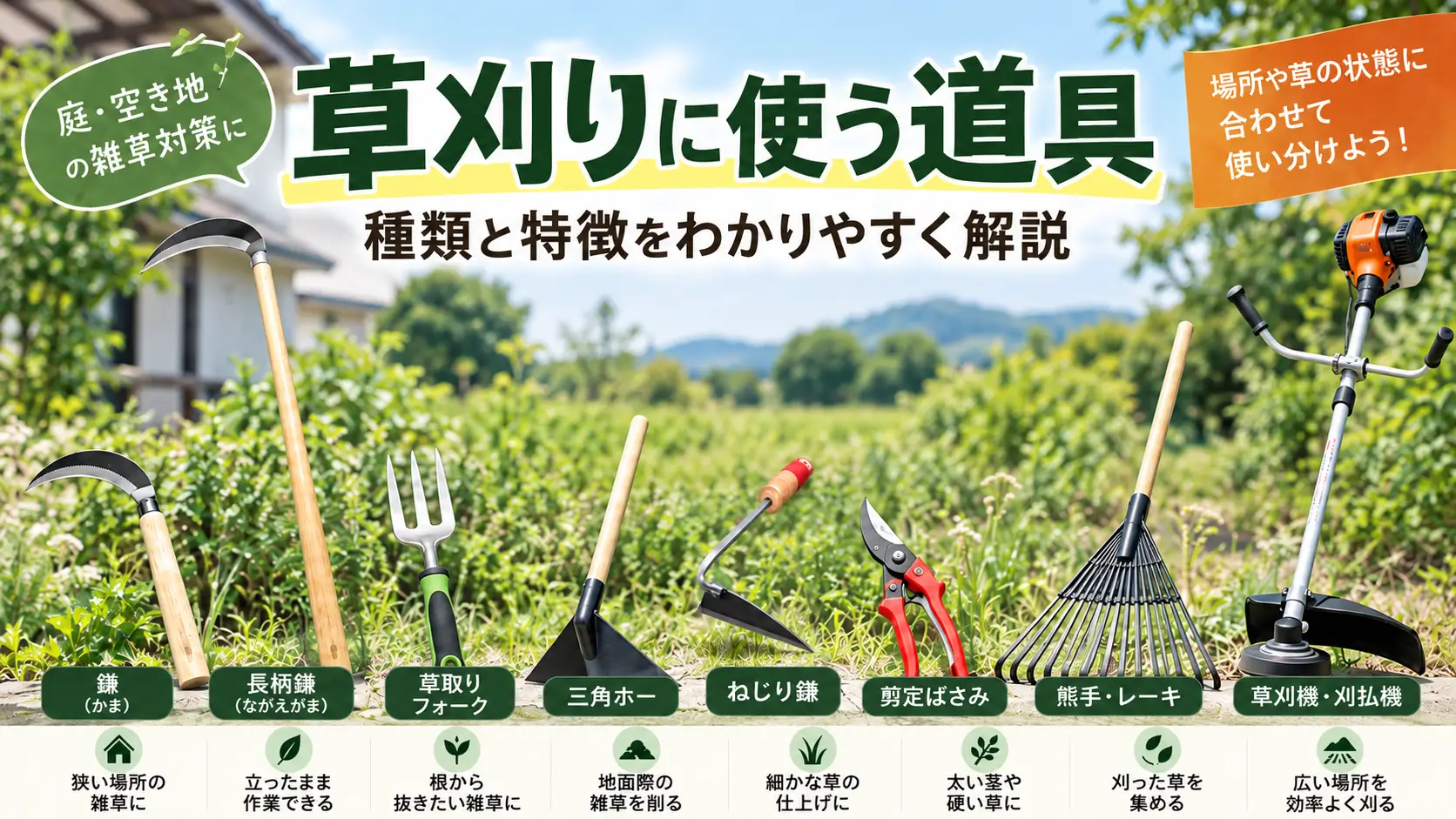 草刈りに使う鎌・長柄鎌・草取りフォーク・三角ホー・ねじり鎌・剪定ばさみ・レーキ・草刈機を紹介するアイキャッチ画像