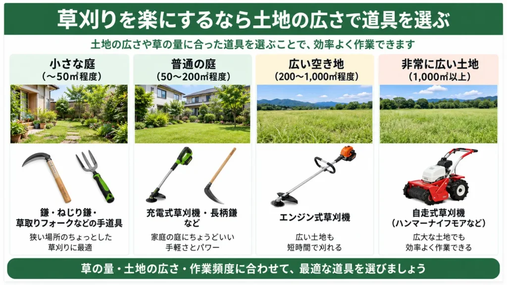 小さな庭から広い空き地まで、土地の広さに合った草刈り道具の選び方をまとめた画像