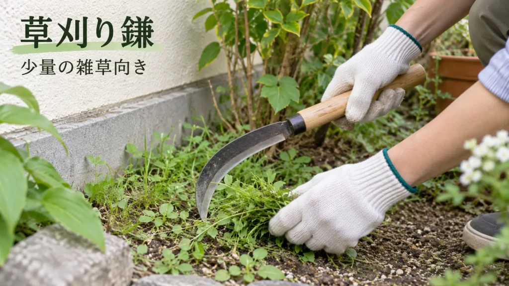 草刈り鎌を使って小さな庭の雑草を手作業で刈っている様子の画像
