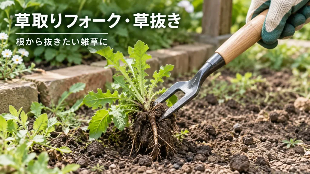 草取りフォークを使って雑草を根から抜いている様子の画像