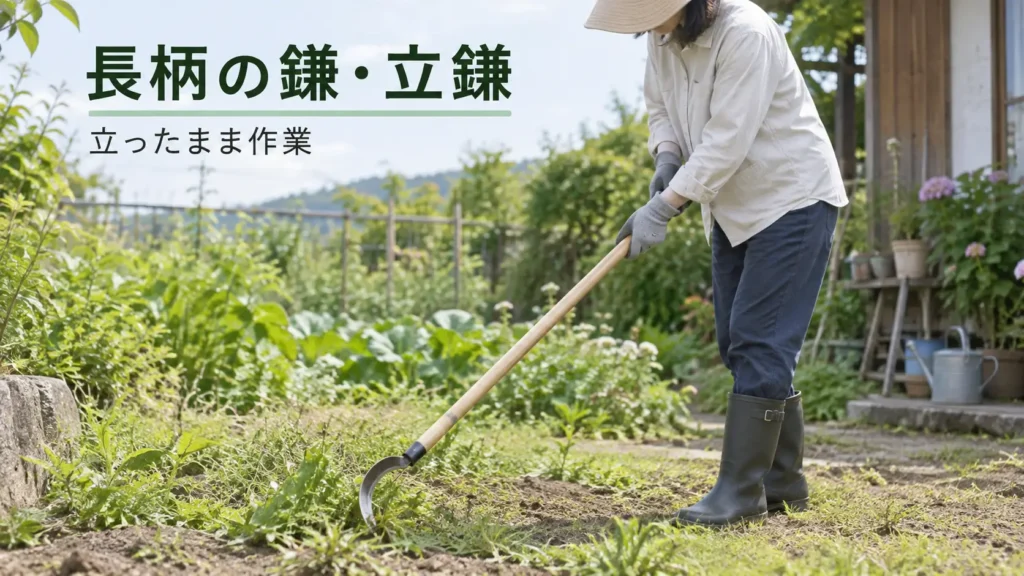 長柄の鎌を使って立ったまま庭の雑草を刈っている様子の画像