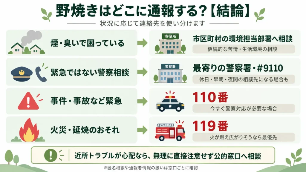 野焼きの通報先を、市区町村・警察・110番・119番の状況別に分かりやすくまとめた画像