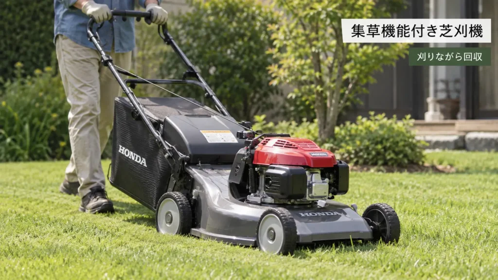 集草機能付き芝刈機で芝を刈りながら後方のバッグへ刈草を回収する様子を示した画像