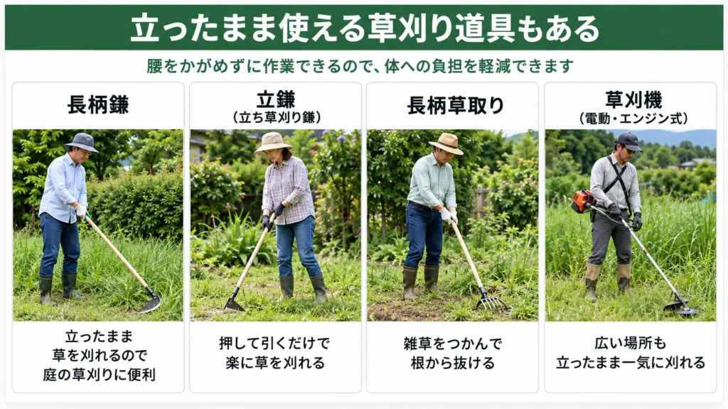 立ったまま使える長柄鎌・立鎌・長柄草取り・草刈機の使い方を比較した画像