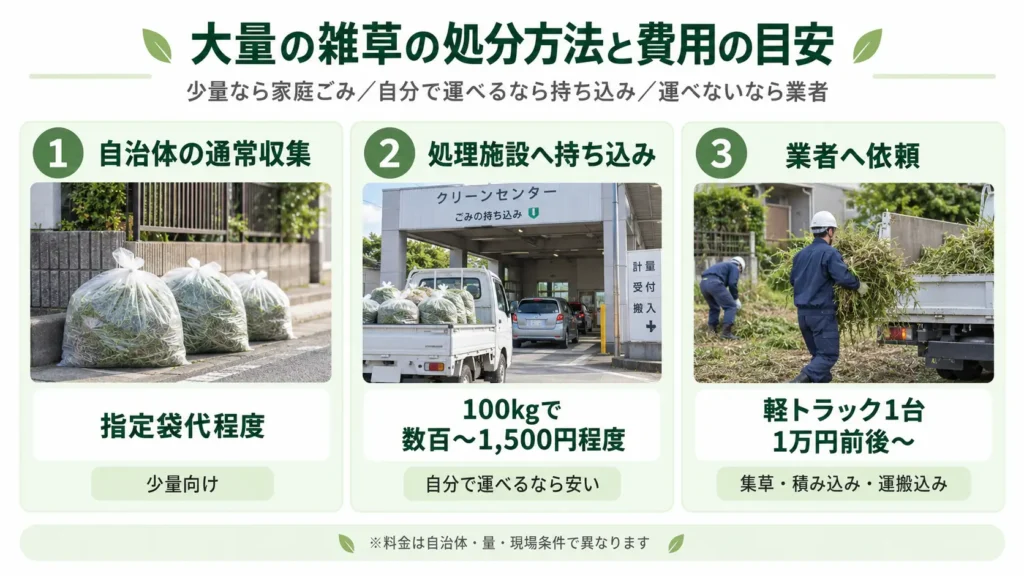 大量の雑草の処分方法と費用の目安を、自治体の通常収集・処理施設への持ち込み・業者への依頼の3つで比較した図