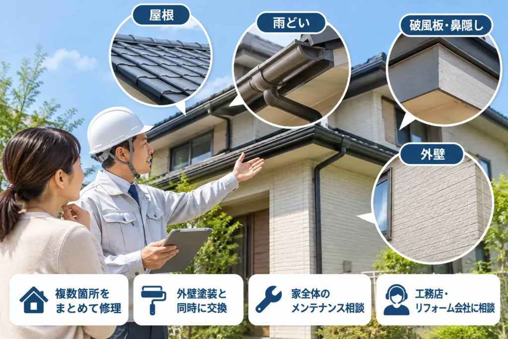 雨どいだけでなく外壁や屋根も含めて住宅全体の修理を相談する工務店・リフォーム会社のイメージ