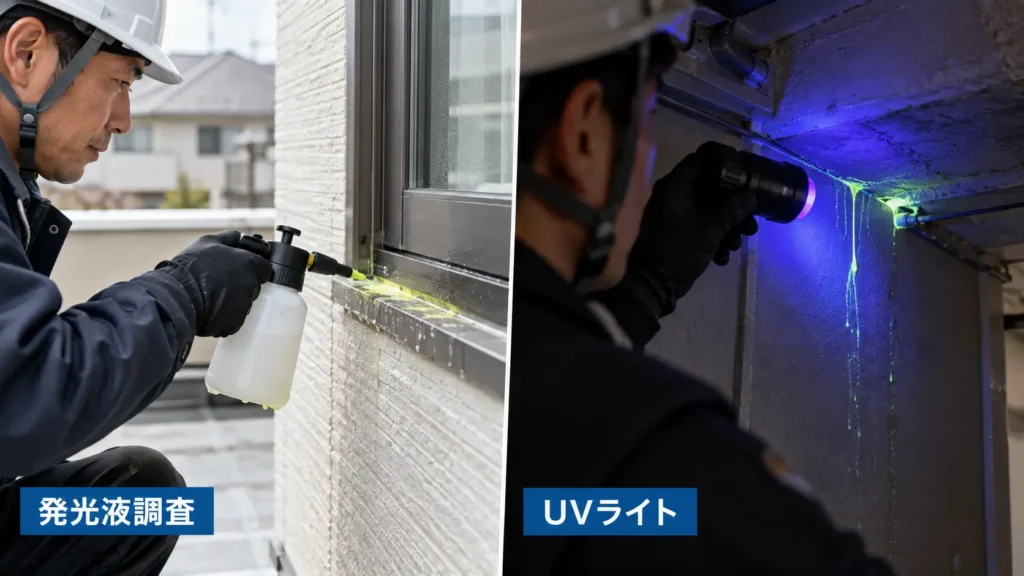 専用の発光液を窓まわりへ流し、紫外線ライトで雨漏りの浸入経路を確認している調査の様子を示した画像