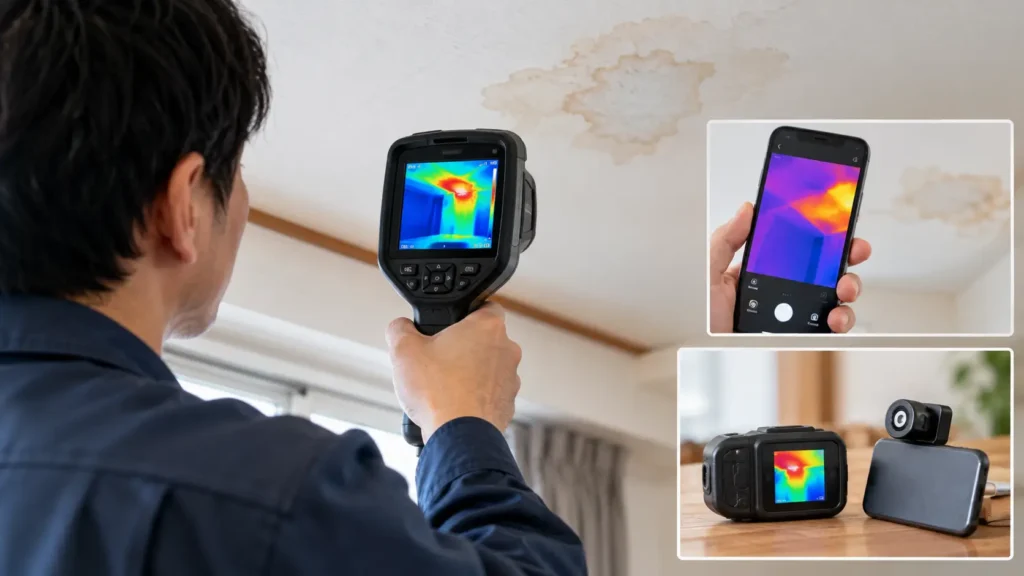 雨漏りの雨染みを赤外線カメラやスマートフォンで確認し、温度差を調べる方法を示した画像