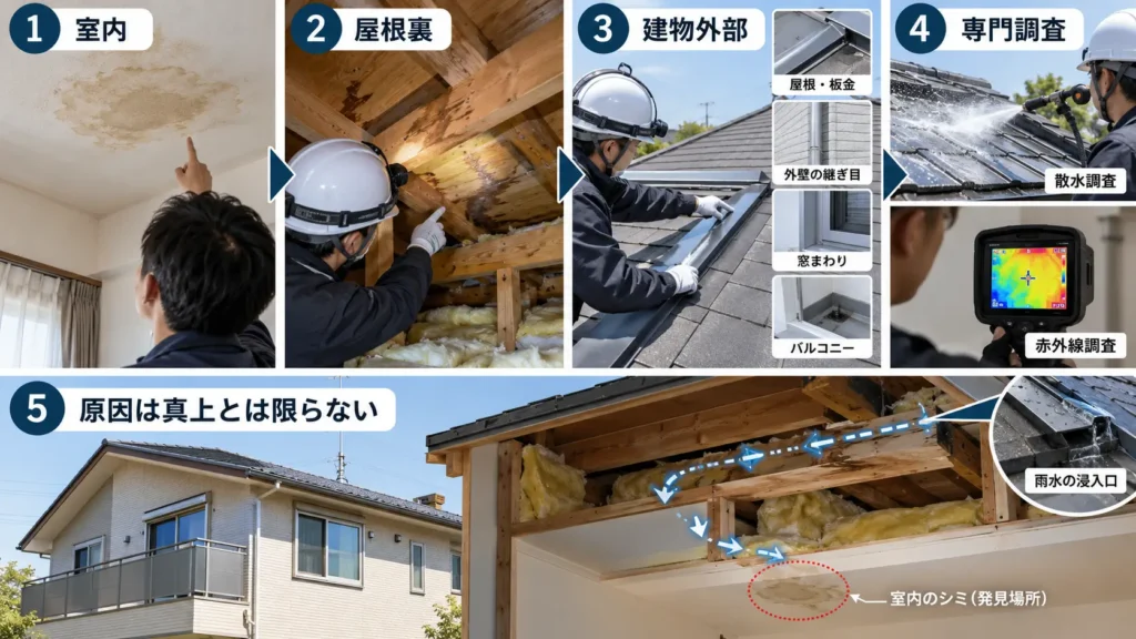 雨漏り箇所が分からない場合に室内・屋根裏・建物外部・専門調査の順で原因を絞り込み、雨染みの真上が浸入口とは限らないことを示した画像