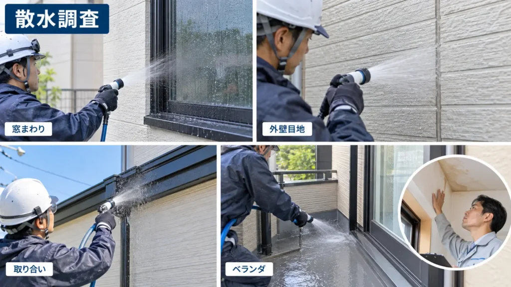 雨漏りの疑いがある窓まわり・外壁目地・取り合い・ベランダに順番に散水し、室内側の雨漏り状況を確認して浸入口を調べる散水調査の画像