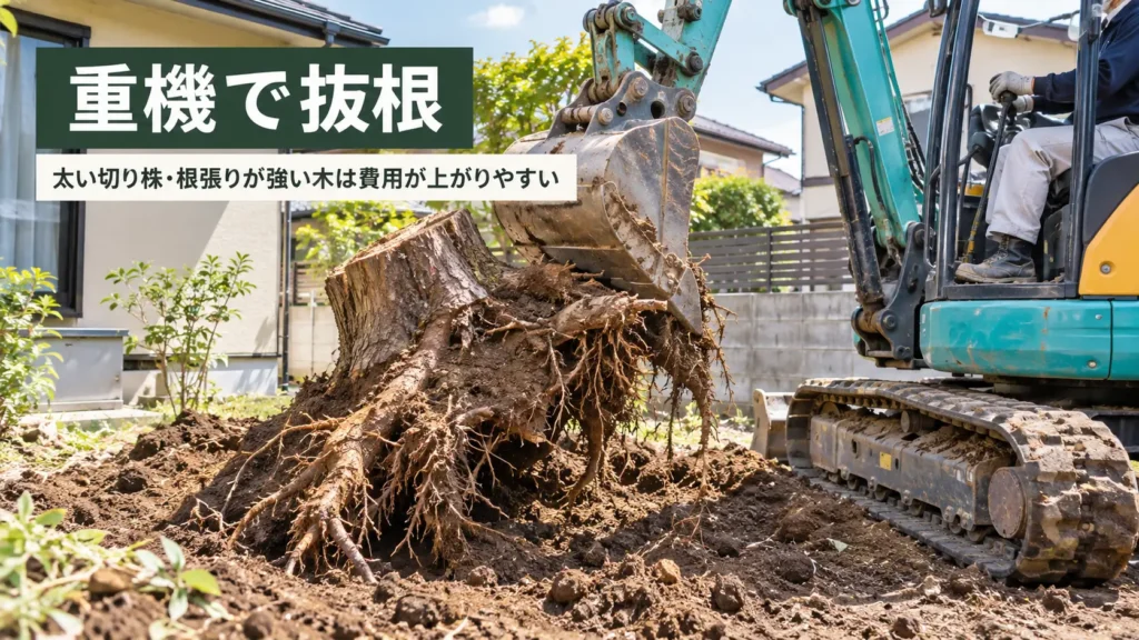 住宅の庭で重機を使って太い切り株と根を掘り起こし、抜根する作業の様子