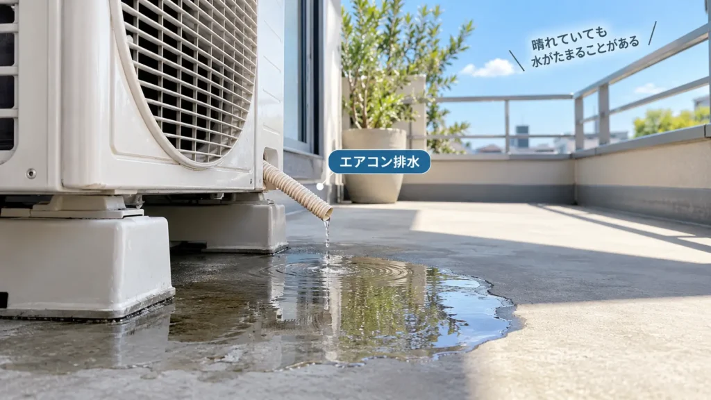 晴れた日にエアコンのドレンホースから排水された水がベランダ床に広がり、水たまりができている様子