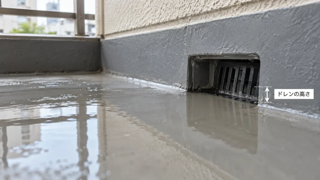 ベランダ床と排水口の高さが合わず、ドレン周辺まで水が流れきらず残っている状態を示した画像