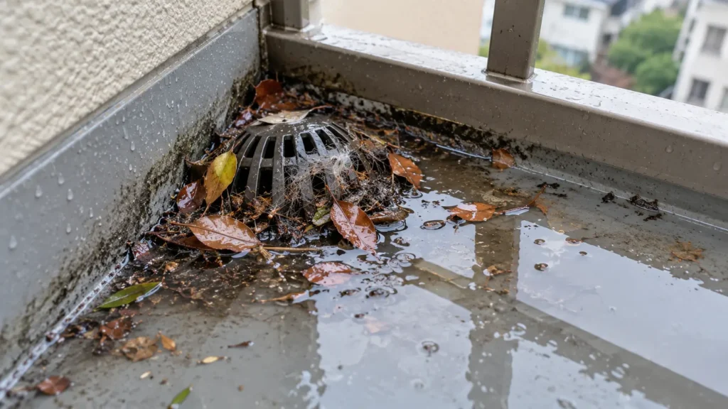 ベランダの排水口に落ち葉やゴミが詰まり、雨水が流れず水たまりができている様子