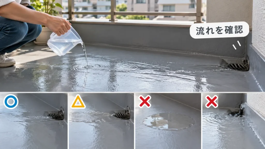ベランダ清掃後に少量の水を流し、排水口までスムーズに流れるか確認している様子