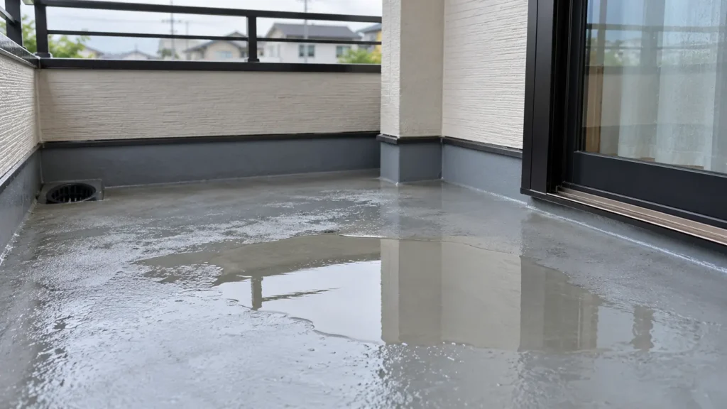 ベランダ床の勾配が悪く、排水口まで雨水が流れず床の一部に水たまりが残っている様子